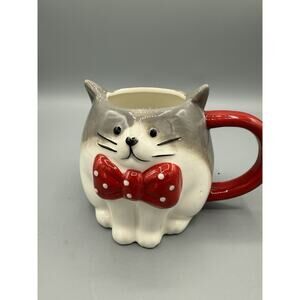 Wondershop Target Cat Mug Gray White Red Bow Tie Oversized Coffee Cup 5”